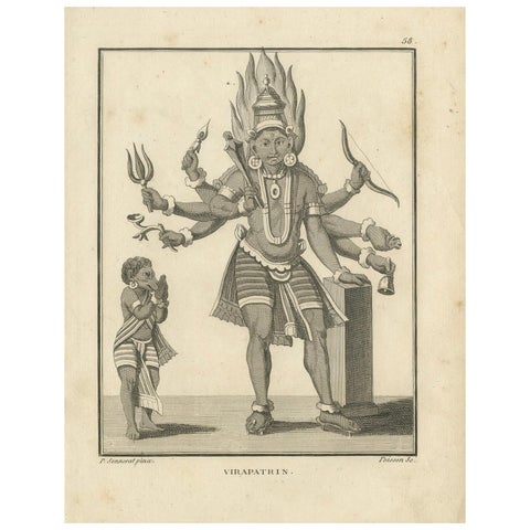 Rare Engraving of Hindu Deity Virapatrin, Antique Print Published in 1806