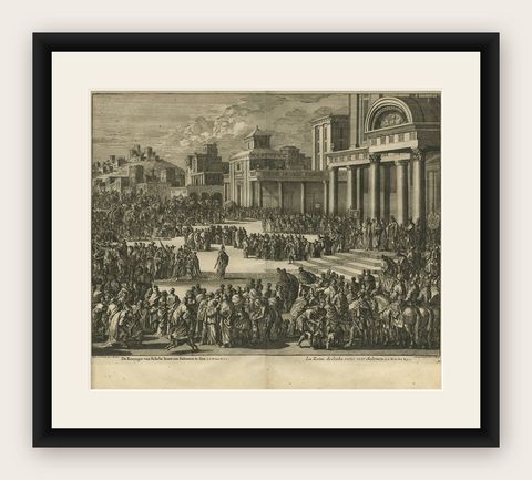 Antique Bible Print the Queen of Sheba Visits Solomon by J. Luyken, 1743, shown framed