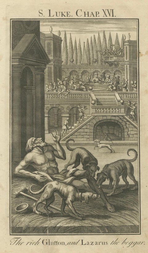 The Rich Glutton and Lazarus Engraving, Luke XVI Biblical Scene 1735, close-up 5