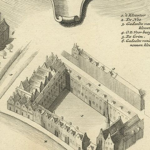 Antique Print of the Clara Monastery in Amsterdam, circa 1760, close-up 2