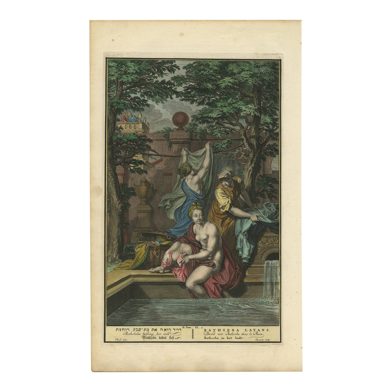 Bathsheba in the Bath, Old Testament Scene, Antique Engraving c.1730