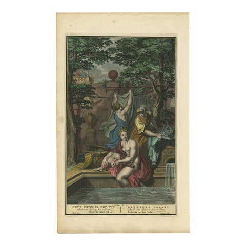 Bathsheba in the Bath, Old Testament Scene, Antique Engraving c.1730