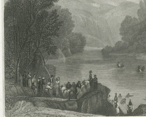 Antique View of the River Jordan, Pilgrims at the Ford, Engraving, circa 1850, close-up 1