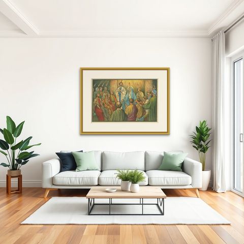 Antique Religion Print of the Descent of the Holy Spirit, 1913, shown framed in a room, true to size
