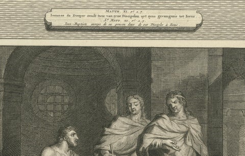 John the Baptist in Prison & Fall of the Tower of Siloam, Pieter Mortier, c.1700, close-up 3