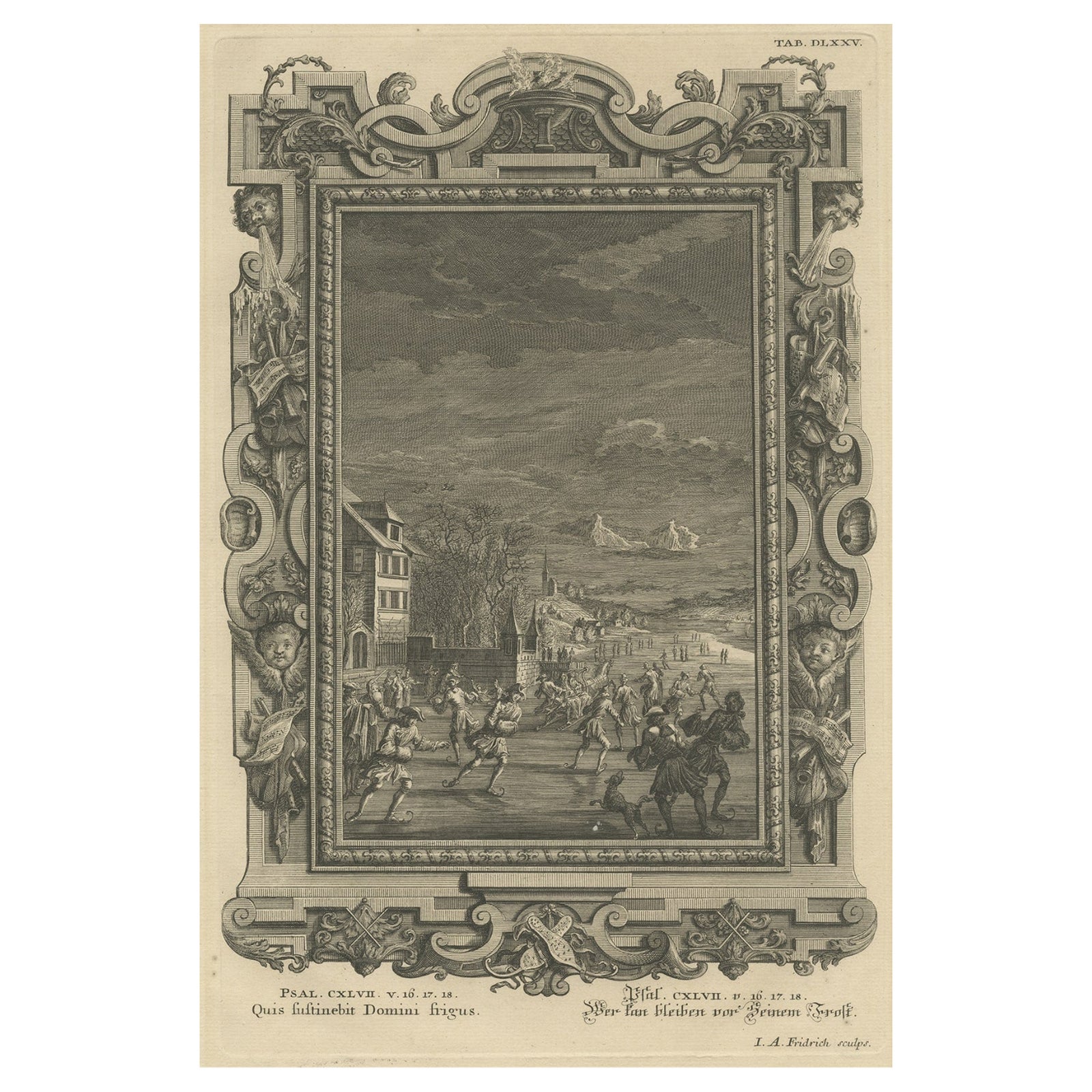 Antique Print Showing an Ice Skating Scene to Illustrate Psalm 147, in Year 1731