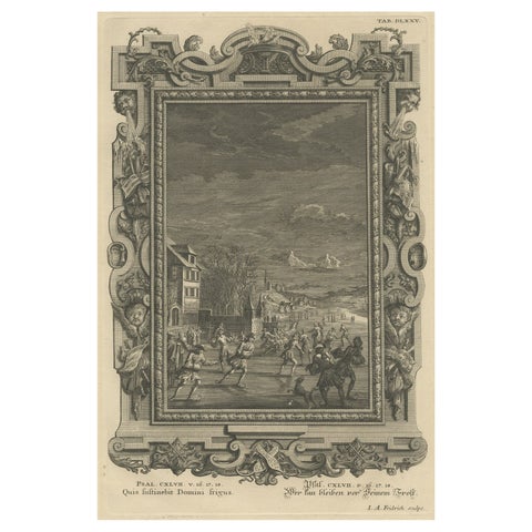 Antique Print Showing an Ice Skating Scene to Illustrate Psalm 147, in Year 1731