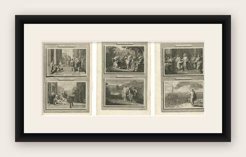 Life of Christ and the Apostles, Six Gospel Scenes, Mortier Engravings ca.1700, shown framed