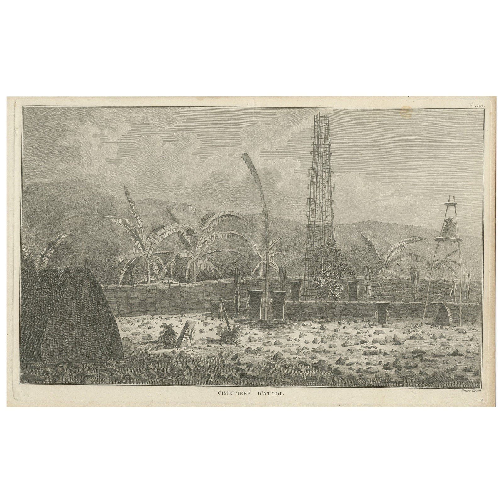 Antique Print of a Sacred Cemetery on Kauai, Hawaii