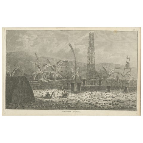 Antique Print of a Sacred Cemetery on Kauai, Hawaii