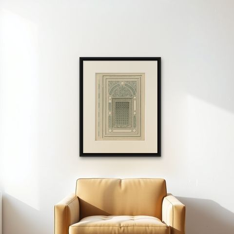 Green Mosque Window with Arabesques, Bursa Ottoman Architecture Print, 1924, shown framed on a wall, true to size