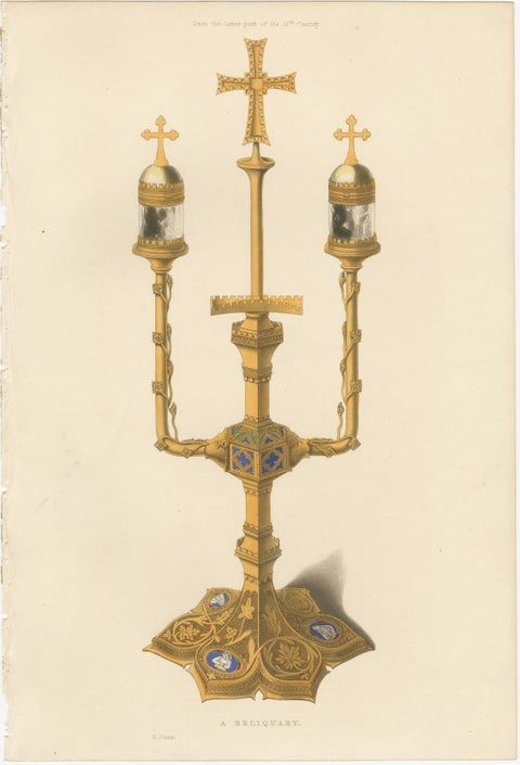 Medieval Reliquary, Gothic Church Treasure, Hand-Colored Engraving, ca.1850, view 2
