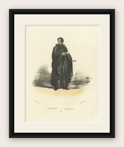 Barnabite, 1862 Hand-Colored Lithograph of a Barnabite Monk, shown framed