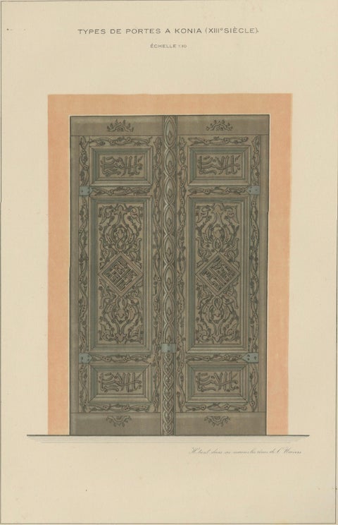 Seljuk Carved Wooden Door from Konya, Islamic Architecture, Raymond 1924, close-up 1