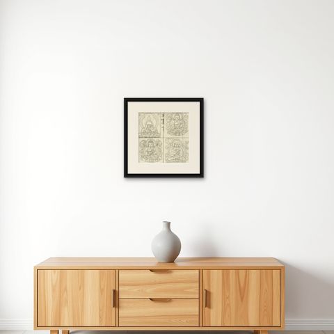 Old Print of Idols of the Temple of Ablaykit, a Buddhist Monastery in Kazakhstan, shown framed on a wall, true to size