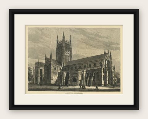 Antique Print of Worcester Cathedral from the Illustrated London News, 1880, shown framed