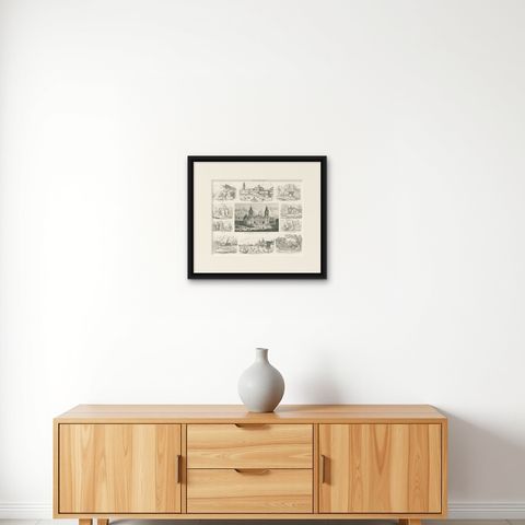 Original Antique Print of Peru, Bolivia & Chile, Lima Cathedral and Views, 1855, shown framed on a wall, true to size