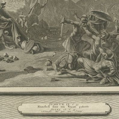 Gideon Defeats the Midianites and the Death of Abimelech, Mortier circa 1700, close-up 2