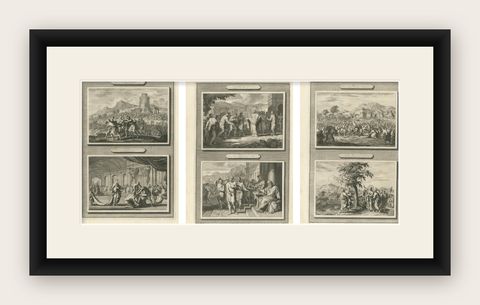 Set of Three Double-Scene Biblical Copper Engravings, Pieter Mortier, ca 1700, shown framed