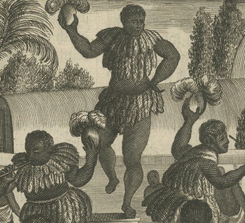 Ritual Dance in Brazil in the 17th Century on a Copper Engraving by Montanus, close-up 2