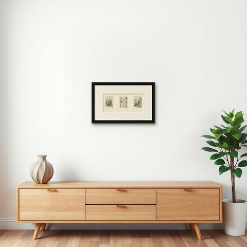 Chinese Costume and Ritual Scenes, Set of Three Ferrario Engravings, Italy 1815, shown framed on a wall, true to size
