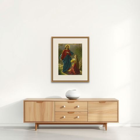 Jesus Appears to Mary Magdalene, Antique German Chromolithograph, c. 1895, shown framed on a wall, true to size