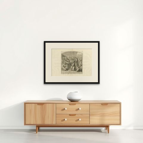 Antique Print of the Corpse of Saint Nilus by Pazzi, 1762, shown framed on a wall, true to size
