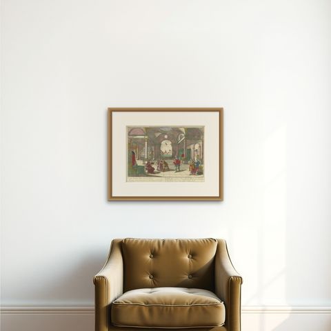 Optica Print of Joseph's Robe Shown to Jacob, 1770, Hand-Colored Biblical Scene, shown framed on a wall, true to size