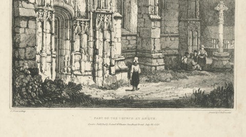 Antique Gothic Church Architecture Lithograph, Samuel Prout, Arques France, 1821, close-up 6