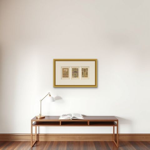 Set of Three Renaissance Religious Ornament Chromolithographs by Racinet, 1873, shown framed on a wall, true to size