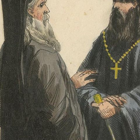Antique Costume Print of a Priest and Monk from Russia by Wahlen, 1843, close-up 1
