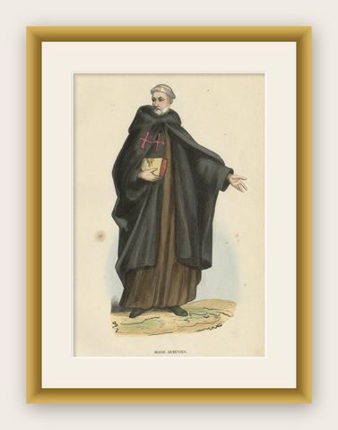 Antique Hand-Colored Print of an Armenian Monk, 1845, shown framed
