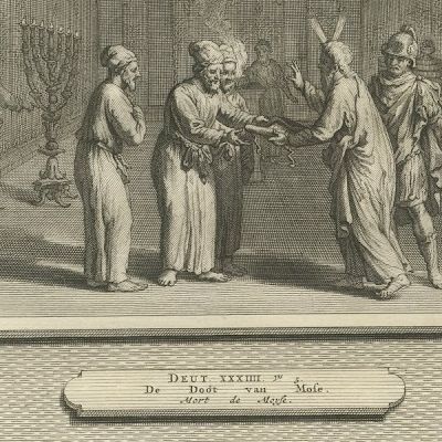 Moses Charges Joshua and the Death of Moses, Mortier Bible circa 1700, close-up 2