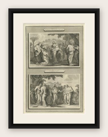 Healing of a Possessed Man & Calling of the Apostles, Pieter Mortier, ca. 1700, shown framed
