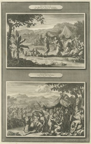 Leah and the Mandrakes and Jacob Flees from Laban, Mortier Bible circa 1700