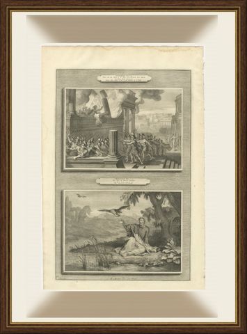 Zimri Burns His Palace and Elijah Fed by the Ravens, Pieter Mortier, circa 1700, shown framed