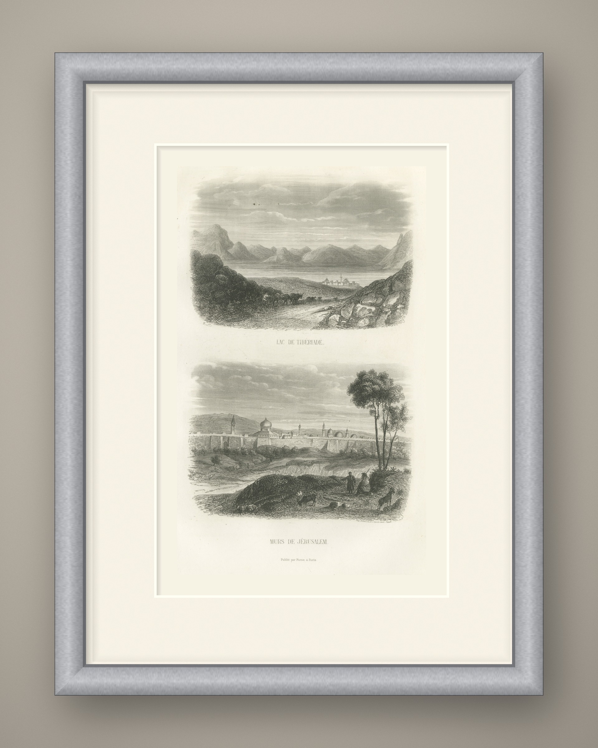 Sea of Galilee at Tiberias and Walls of Jerusalem, Antique Print, 1859, shown framed