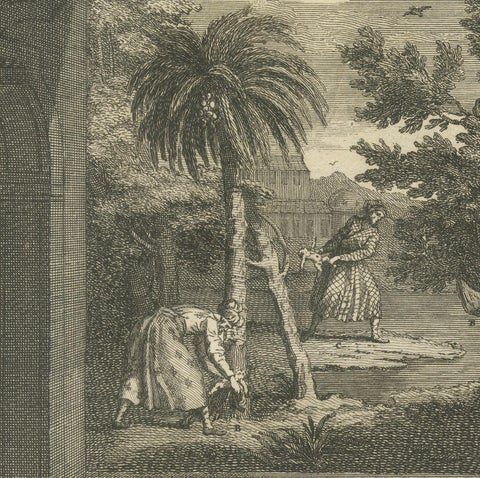Birth and Naming Rituals of the Banians, Rare 1734 Indian Custom Engraving, close-up 4