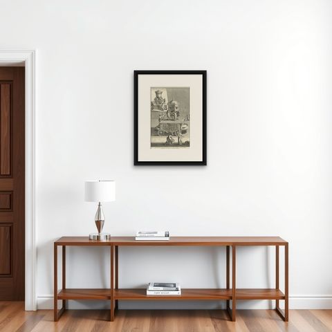 Antique Engraving of One of the Ten Brass Lavers in Solomon's Temple, 1725, shown framed on a wall, true to size