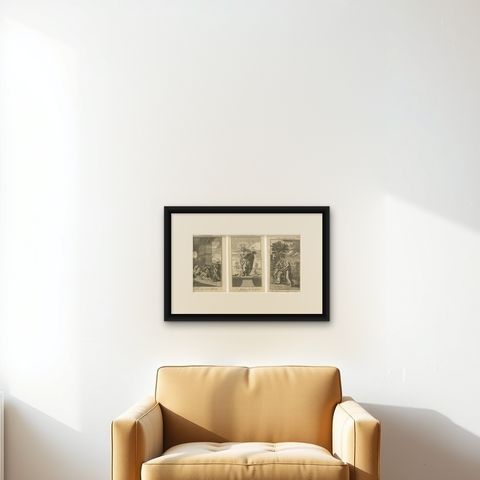 Set of 3 Biblical Engravings, Adoration, St. Matthew & Healing the Blind (1735), shown framed on a wall, true to size