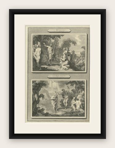 John the Baptist & Baptism of Christ, Pieter Mortier Engraving, ca.1700, shown framed