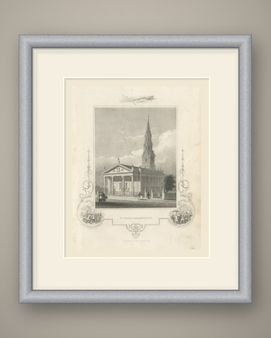 St. Paul's Chapel, Broadway, New York, Drawn by A. J. Davis, circa 1850, shown framed