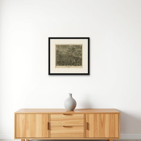 Antique Bible Print The great Flood by J. Luyken, 1743, shown framed on a wall, true to size