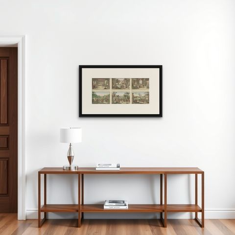 Set of 6 Vue d’Optique Prints, Story of Joseph in Egypt, Hand-Colored, c.1770, shown framed on a wall, true to size