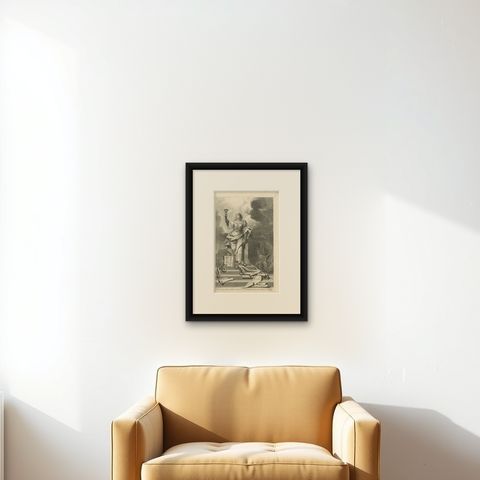 Antique Print Stating That Law is Given by Moses, Mercy and Truth by Jesus, 1725, shown framed on a wall, true to size