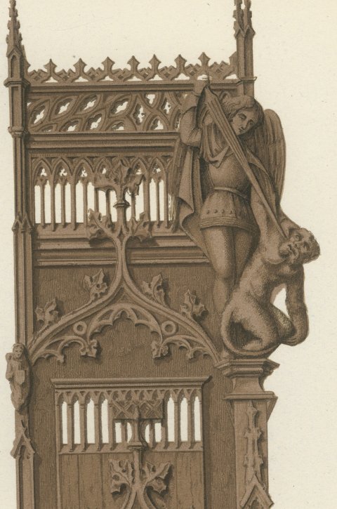 Carved Oak Stalls, Cologne and Aosta, Antique Print, 1851, close-up 2