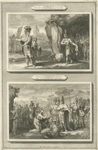 David Spares Saul and Abigail Meets David, Mortier Bible circa 1700