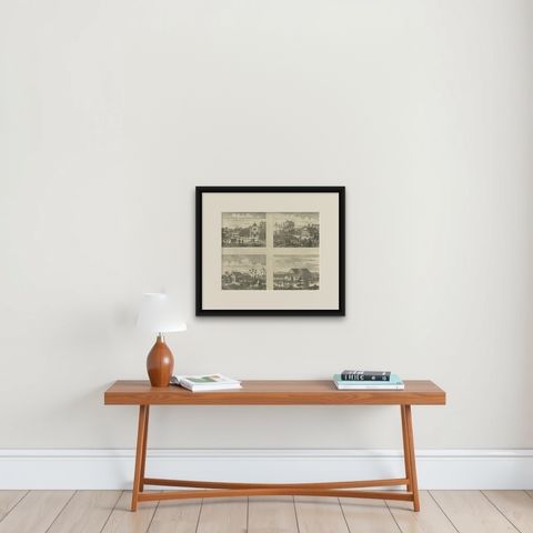 Antique Print of various Churches on Ceylon or Nowadays Sri Lanka, 1704, shown framed on a wall, true to size