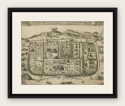 Spectacular Antique Original Engraving of a Town Plan of Jerusalem, 1708, shown framed