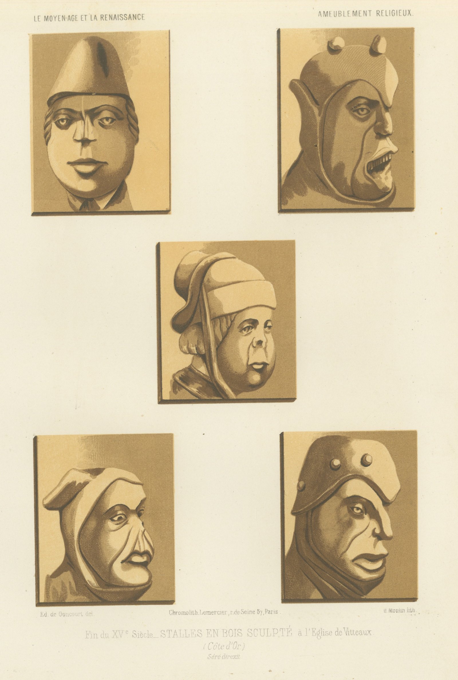 Carved Stall Heads, Vitteaux, Antique Chromolithograph, 1851